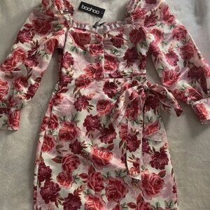 Boohoo Floral Puff Sleeve Drape Wrap Dress Pink Red White Size 4